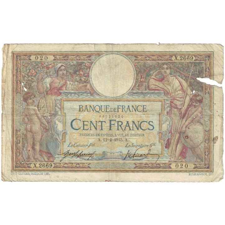 Francia, 100 Francs, Luc Olivier Merson, 1915, X.2669, MC, Fayette:23.07, KM:71a