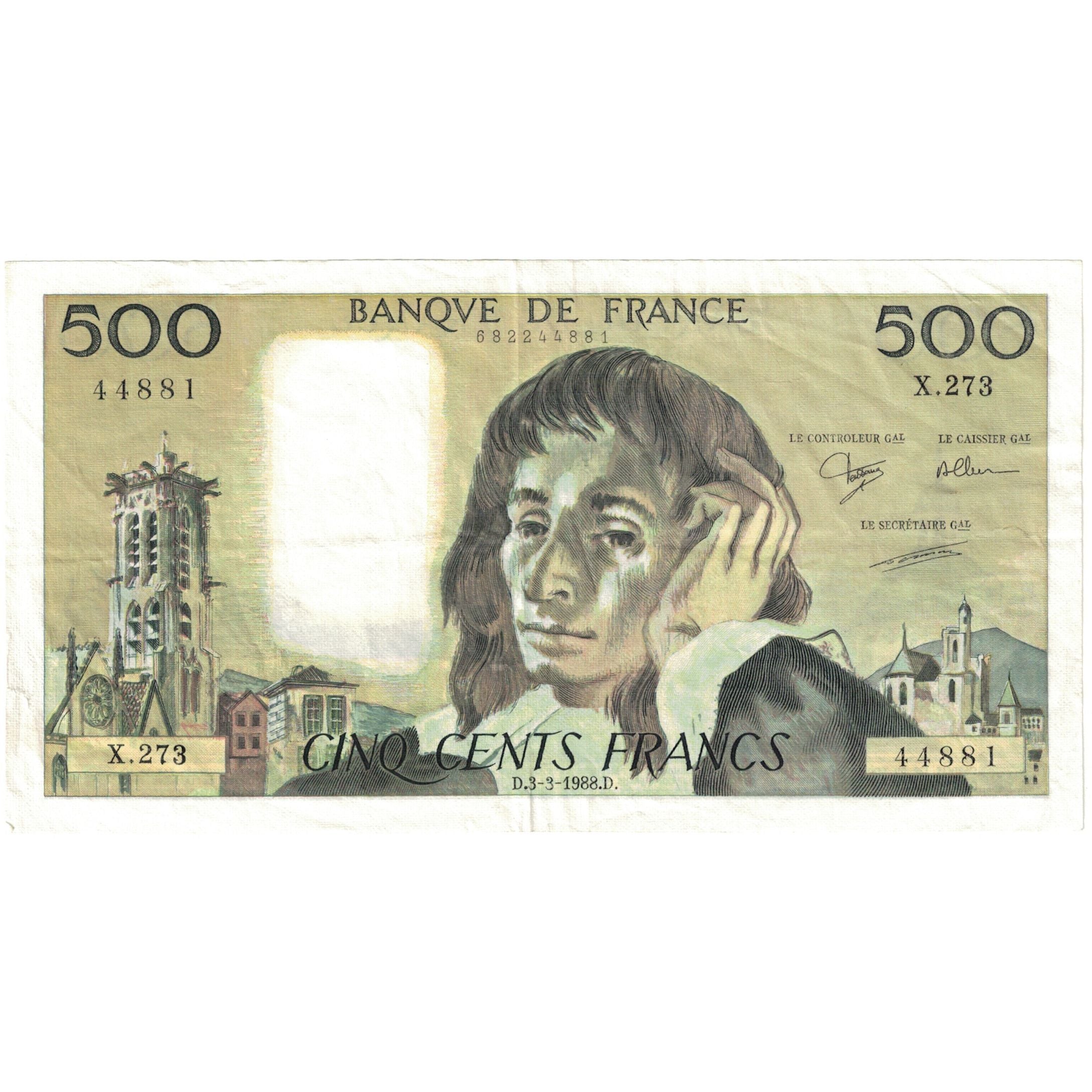 France, 500 Francs, Pascal, 1988, X.273, EF(40-45), Fayette:71.38, KM:156g
