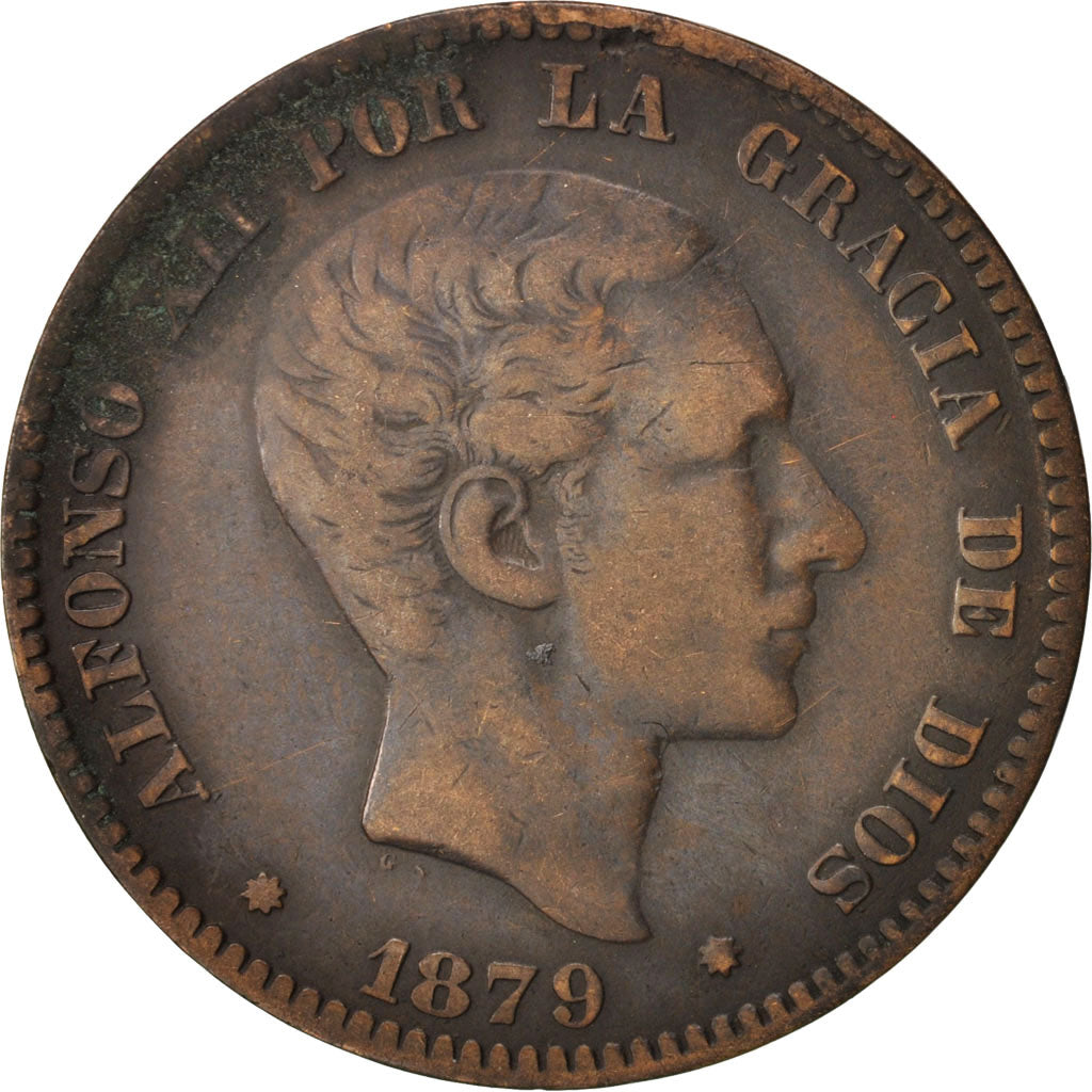 Spain, Alfonso XII, 10 Centimos, 1879, Madrid, VF(30-35), Bronze, KM:675