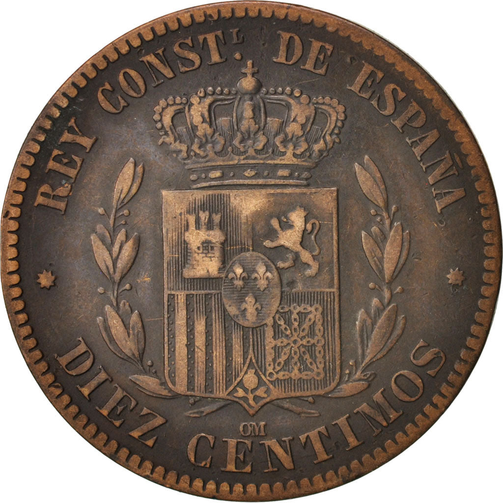 Spain, Alfonso XII, 10 Centimos, 1879, Madrid, VF(30-35), Bronze, KM:675