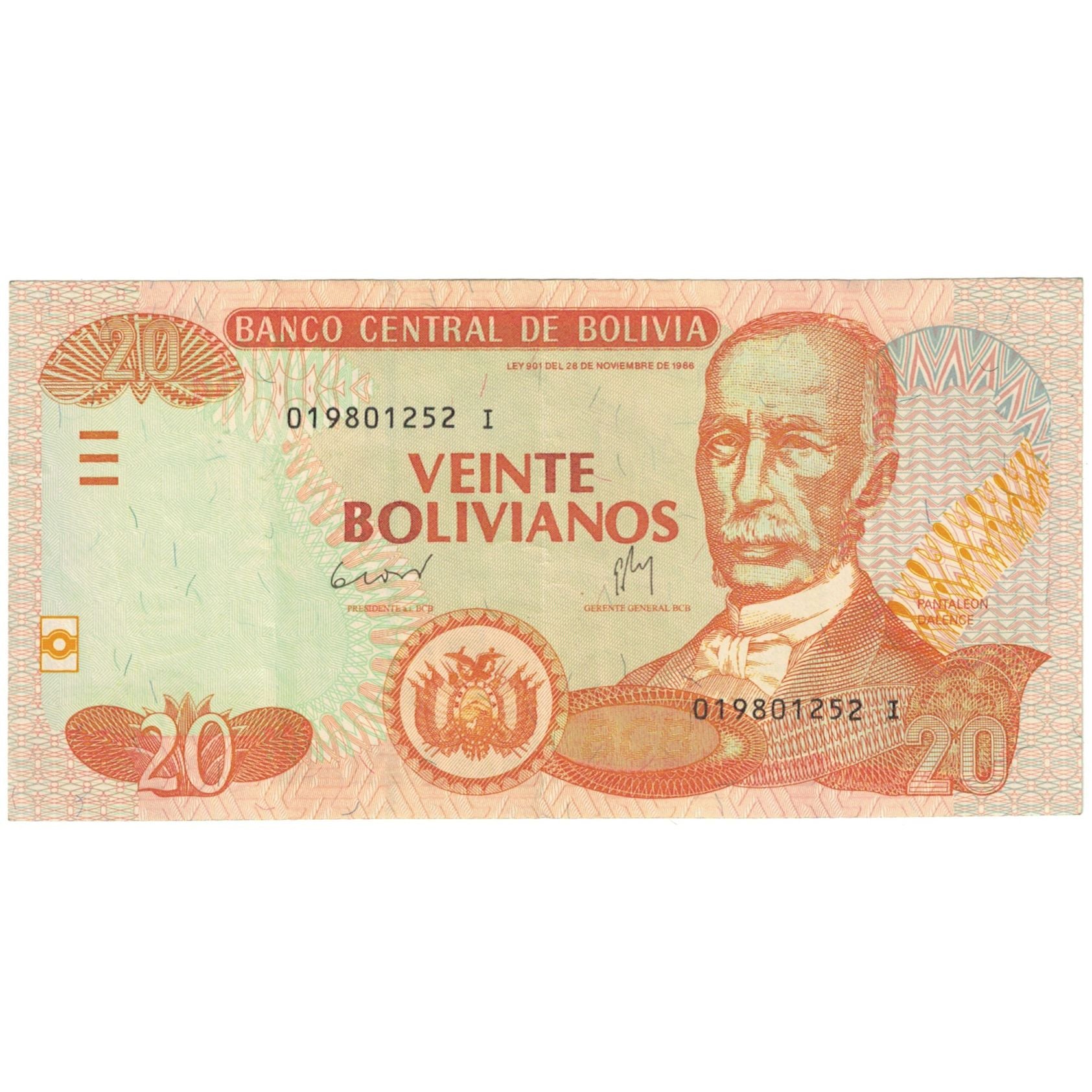 Nota, Bolívia, 20 Bolivianos, 1986, 1986-11-28, KM:205c, EF(40-45)