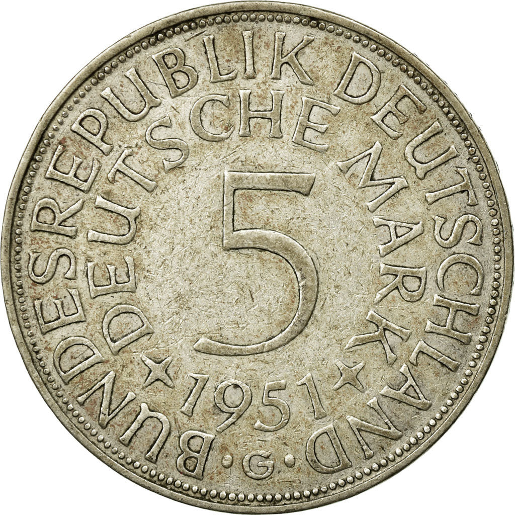 Coin, GERMANY - FEDERAL REPUBLIC, 5 Mark, 1951, Karlsruhe, EF(40-45), Silver