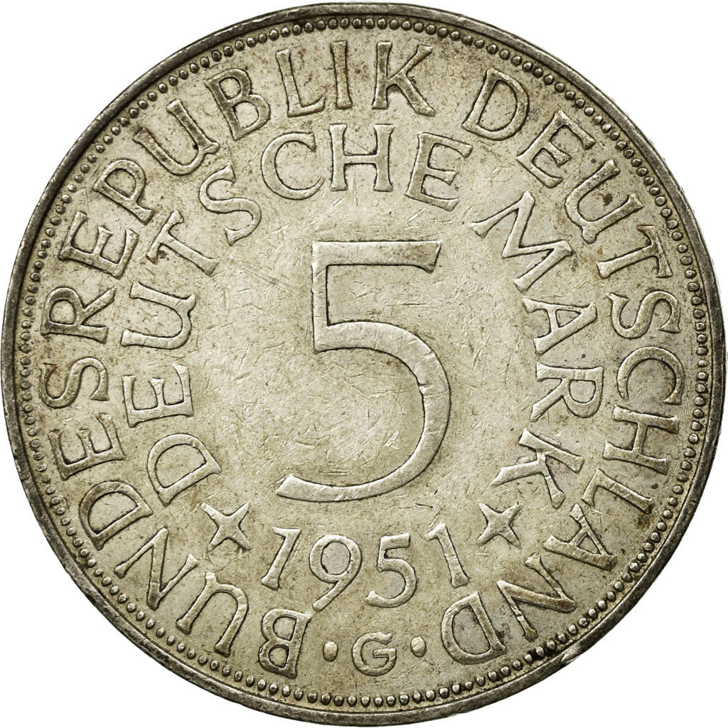 Moneta, GERMANIA - REPUBBLICA FEDERALE, 5 Mark, 1951, Karlsruhe, BB, Argento
