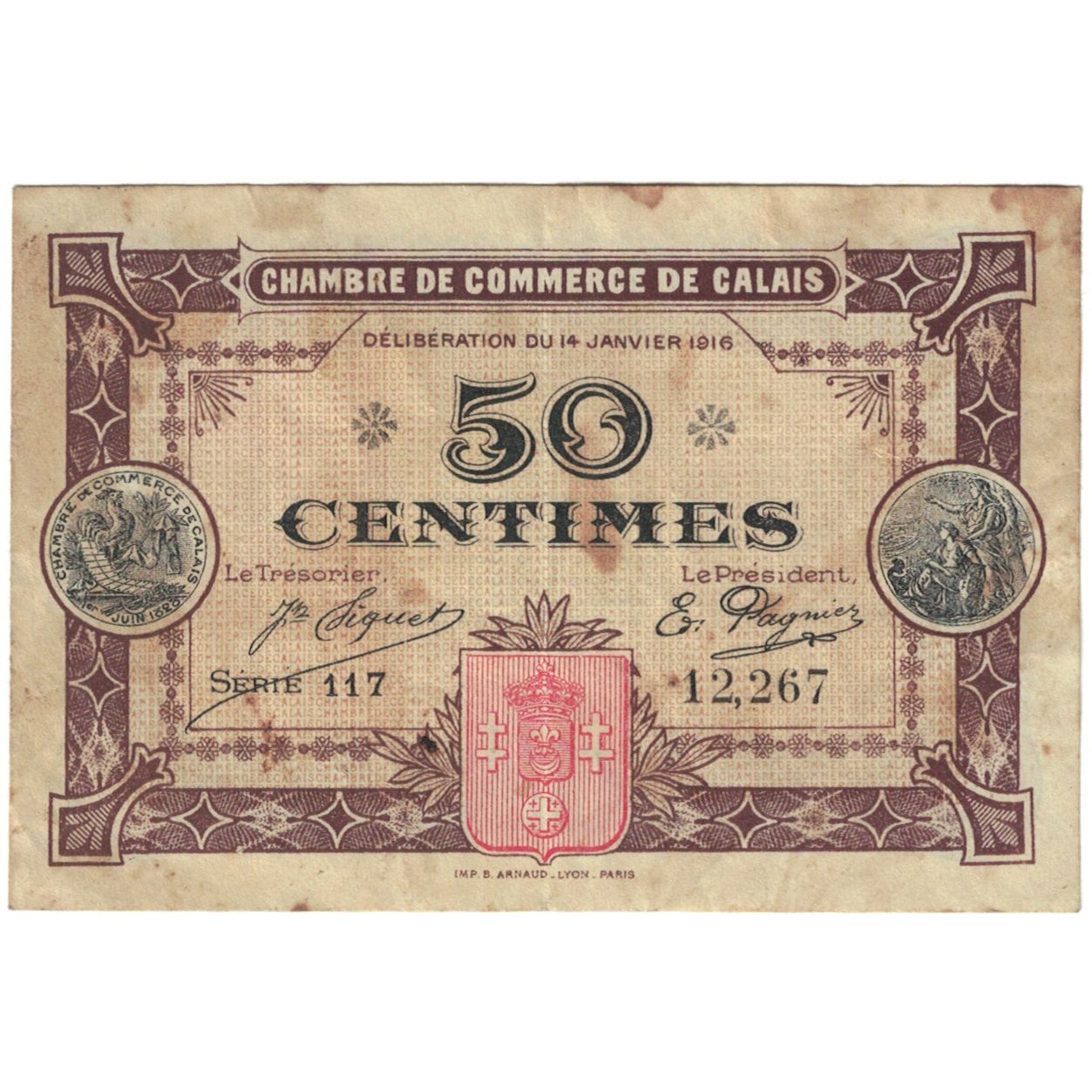France, Calais, 50 Centimes, 1916, VG(8-10), Pirot:36-21