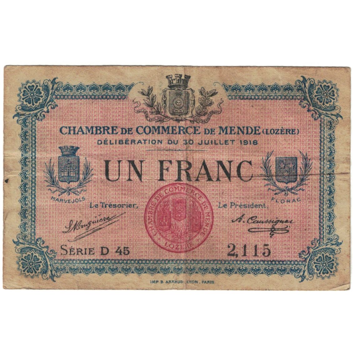 France, Mende, 1 Franc, 1918, VF(20-25), Pirot:7.
