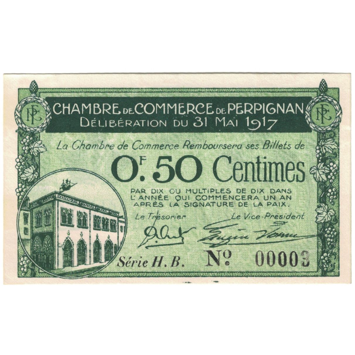 France, Perpignan, 50 Centimes, 1917, AU(55-58), Pirot:100-21