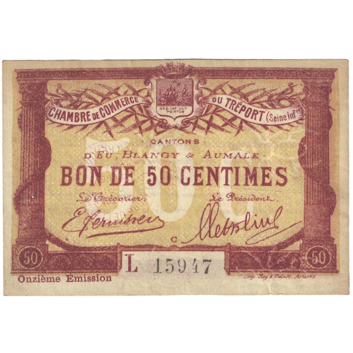 France, Le Tréport, 50 Centimes, 1916, AU(55-58), Pirot:71-28