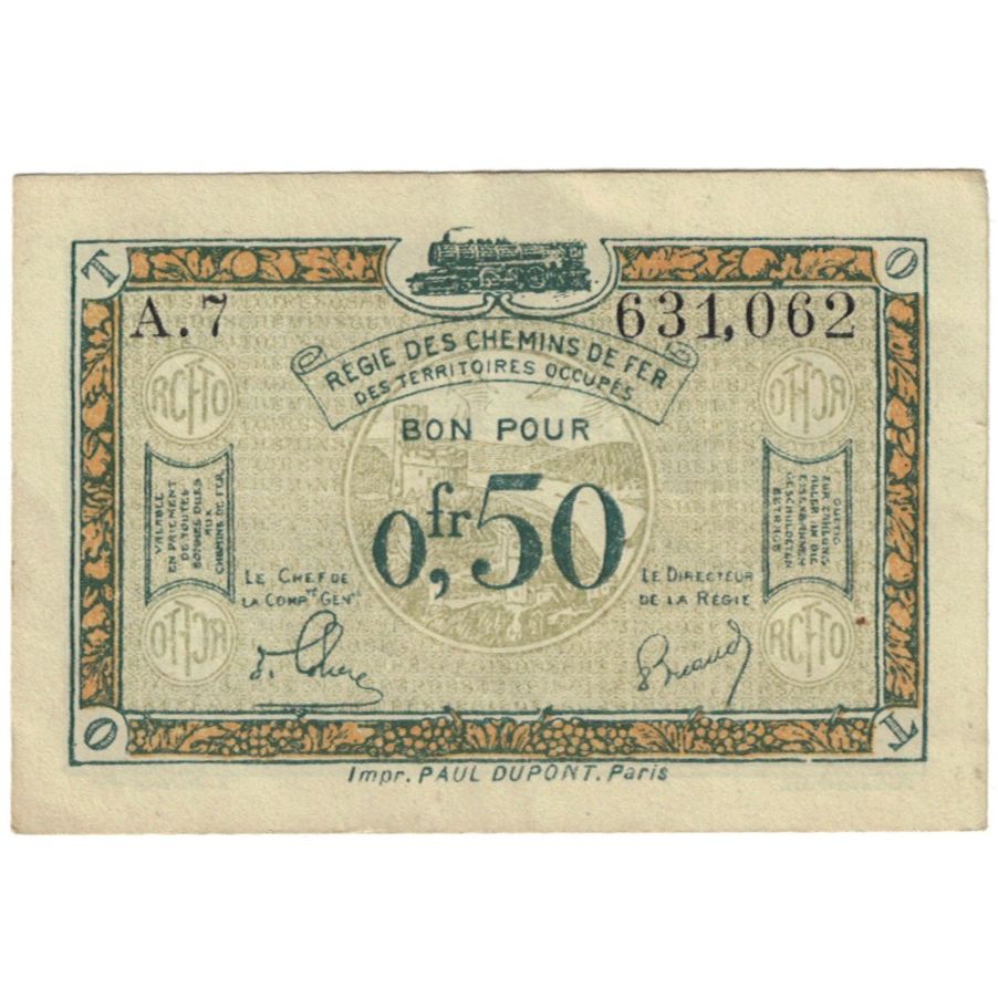 Francia, Régie des chemins de Fer, 50 Centimes, 1923, BC, Pirot:135-4