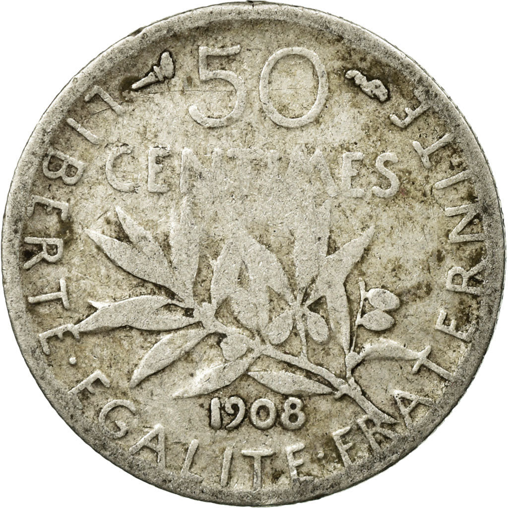 Coin, France, Semeuse, 50 Centimes, 1908, Paris, VF(20-25), Silver, KM:854