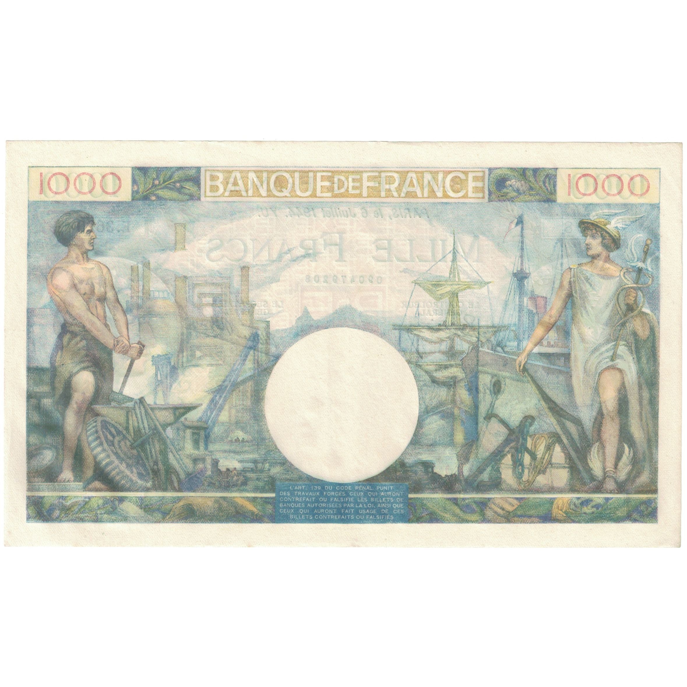 France, 1000 Francs, Commerce et Industrie, 1944, E.3620, AU(55-58)