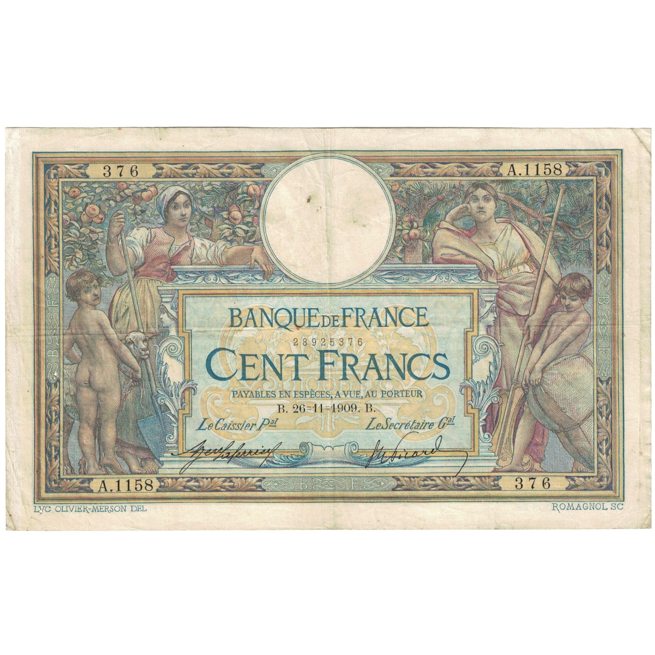 Frankrijk, 100 Francs, Luc Olivier Merson, 1909, A.1158, TB, Fayette:23.01