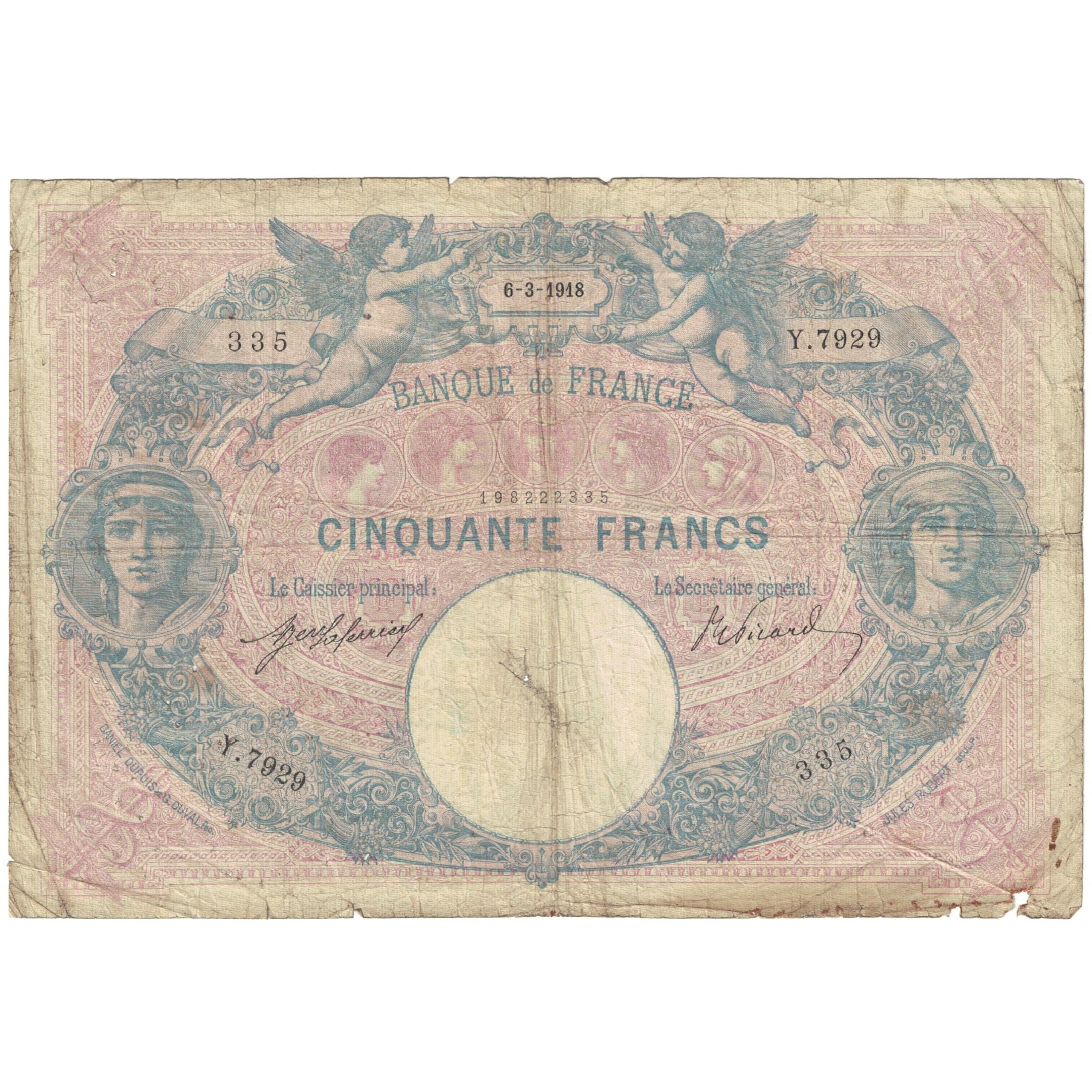 France, 50 Francs, Bleu et Rose, 1918, Y.7929, VG(8-10), Fayette:14.31, KM:64e