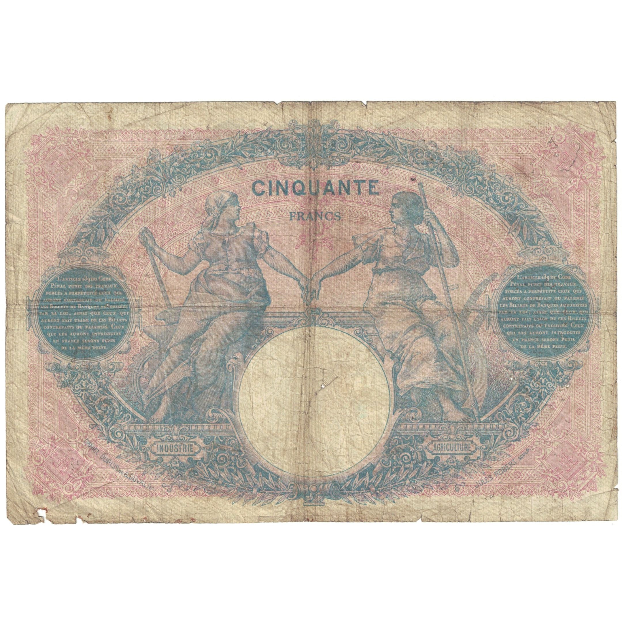 France, 50 Francs, Bleu et Rose, 1918, Y.7929, VG(8-10), Fayette:14.31, KM:64e