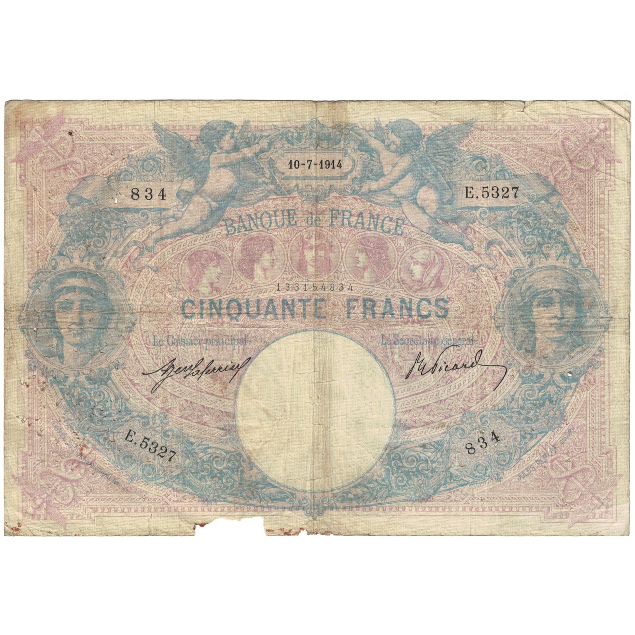 France, 50 Francs, Bleu et Rose, 1914, E.5327, VG(8-10), Fayette:14.27, KM:64e