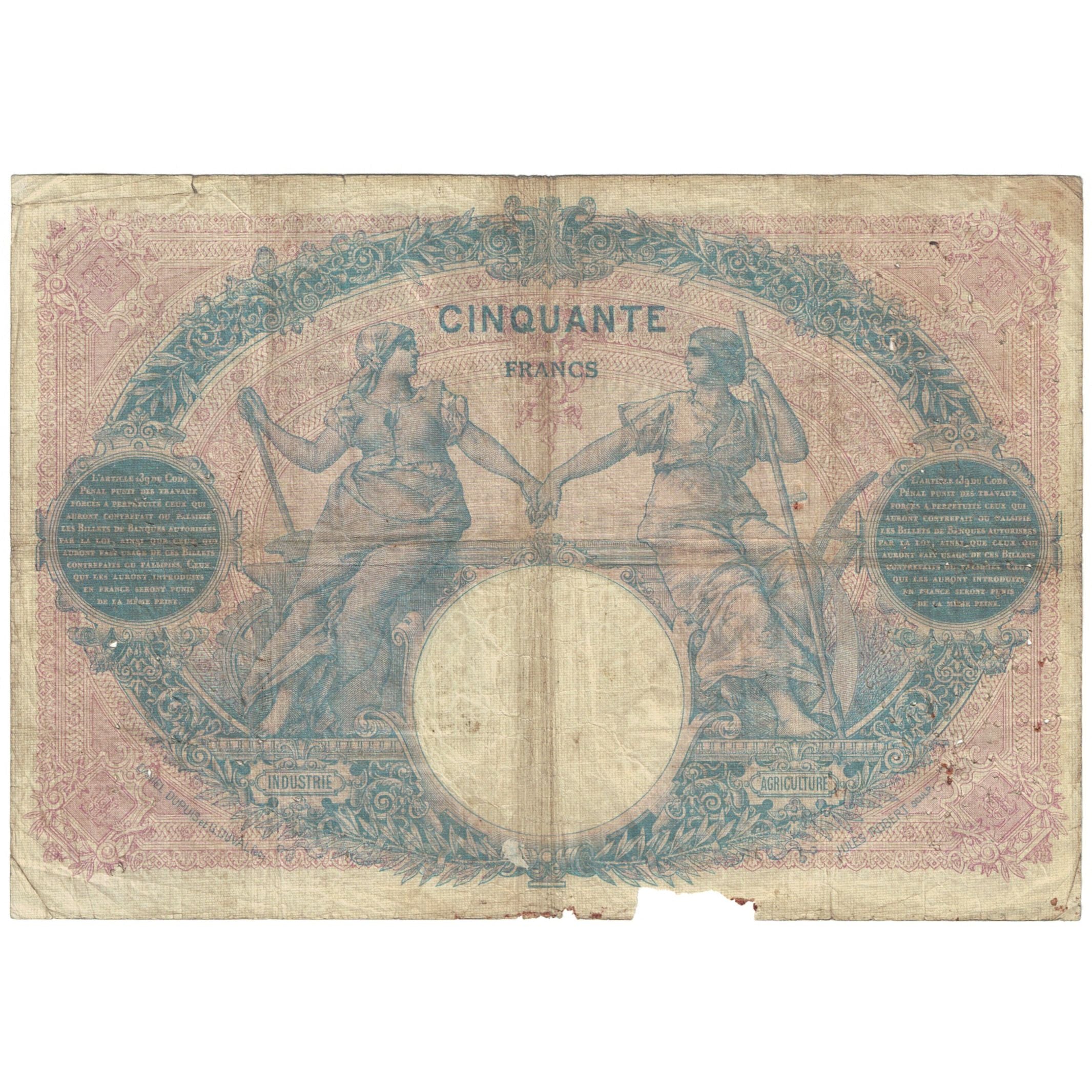France, 50 Francs, Bleu et Rose, 1914, E.5327, VG(8-10), Fayette:14.27, KM:64e