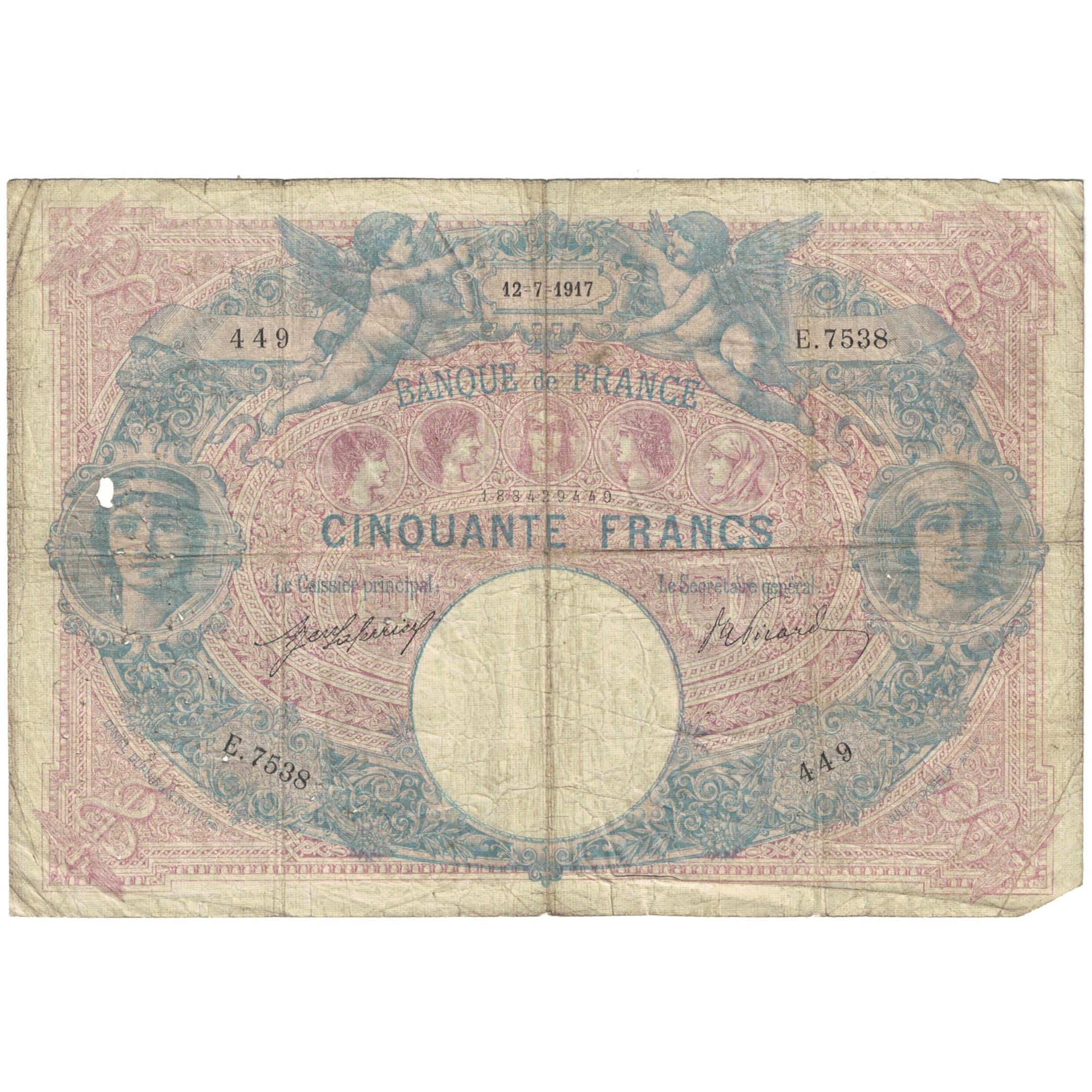 França, 50 Francs, Bleu et Rose, 1917, E.7538, VG(8-10), Fayette:14.30, KM:64e
