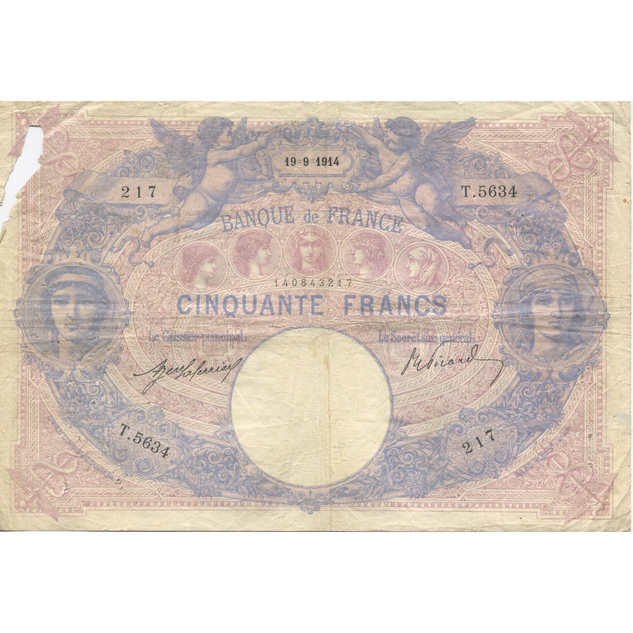 France, 50 Francs, 1914, T.5634, VG(8-10), Fayette:14.27, KM:64e