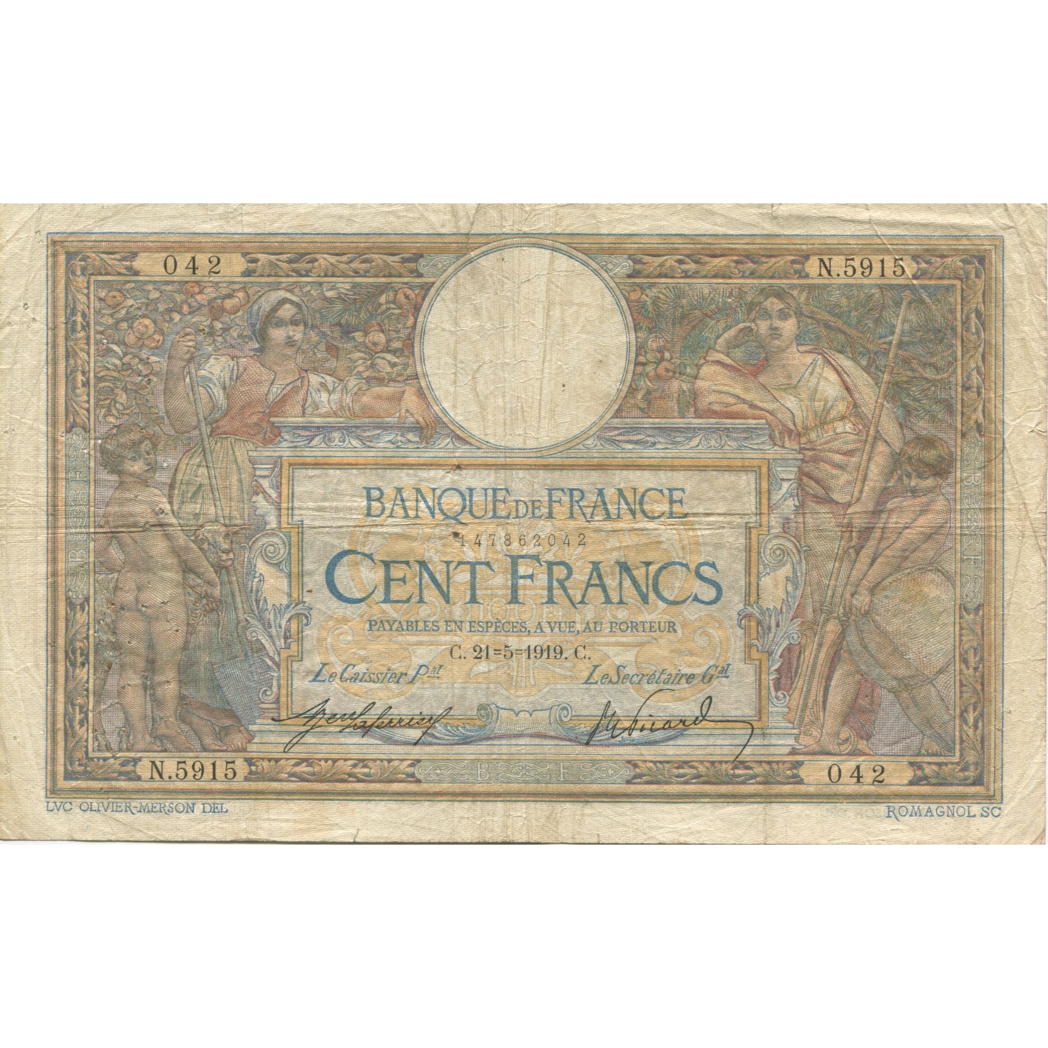 Banknote, France, 100 Francs, 1919, 1919-05-21, KM:71a, VF(20-25), Fayette:23.11