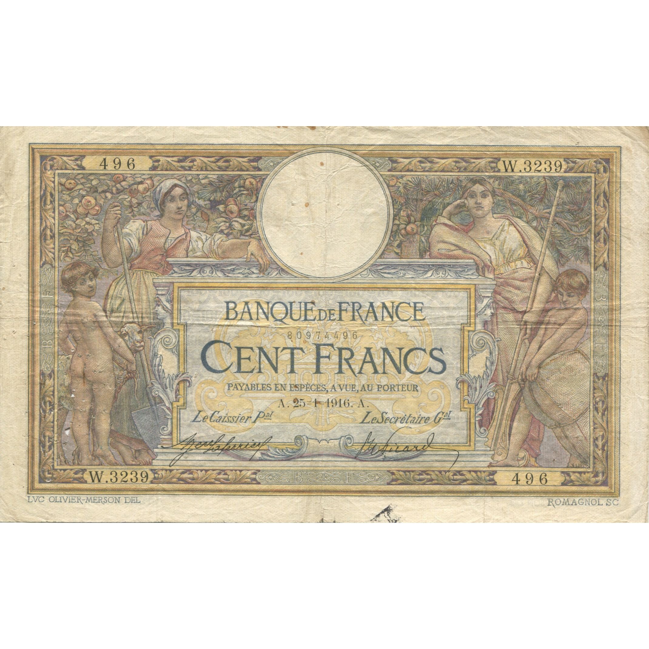 França, 100 Francs, Luc Olivier Merson, 1916, W.3239, VF(20-25), Fayette:23.08