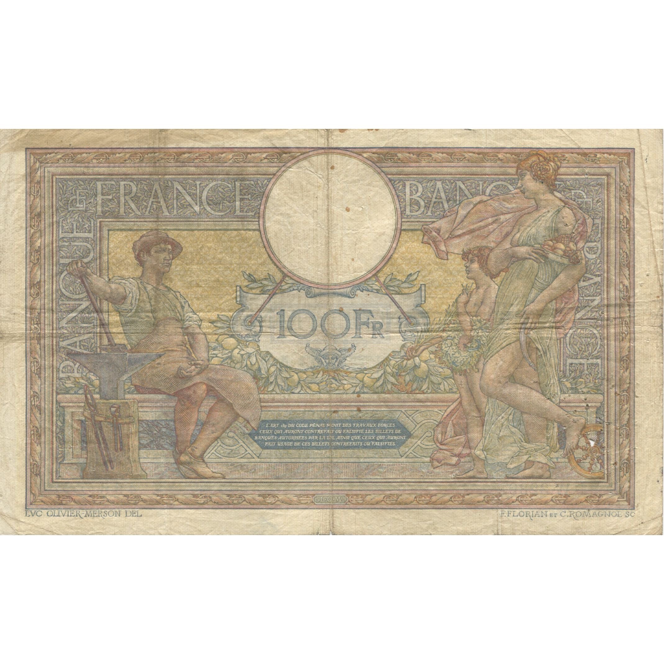 França, 100 Francs, Luc Olivier Merson, 1916, W.3239, VF(20-25), Fayette:23.08