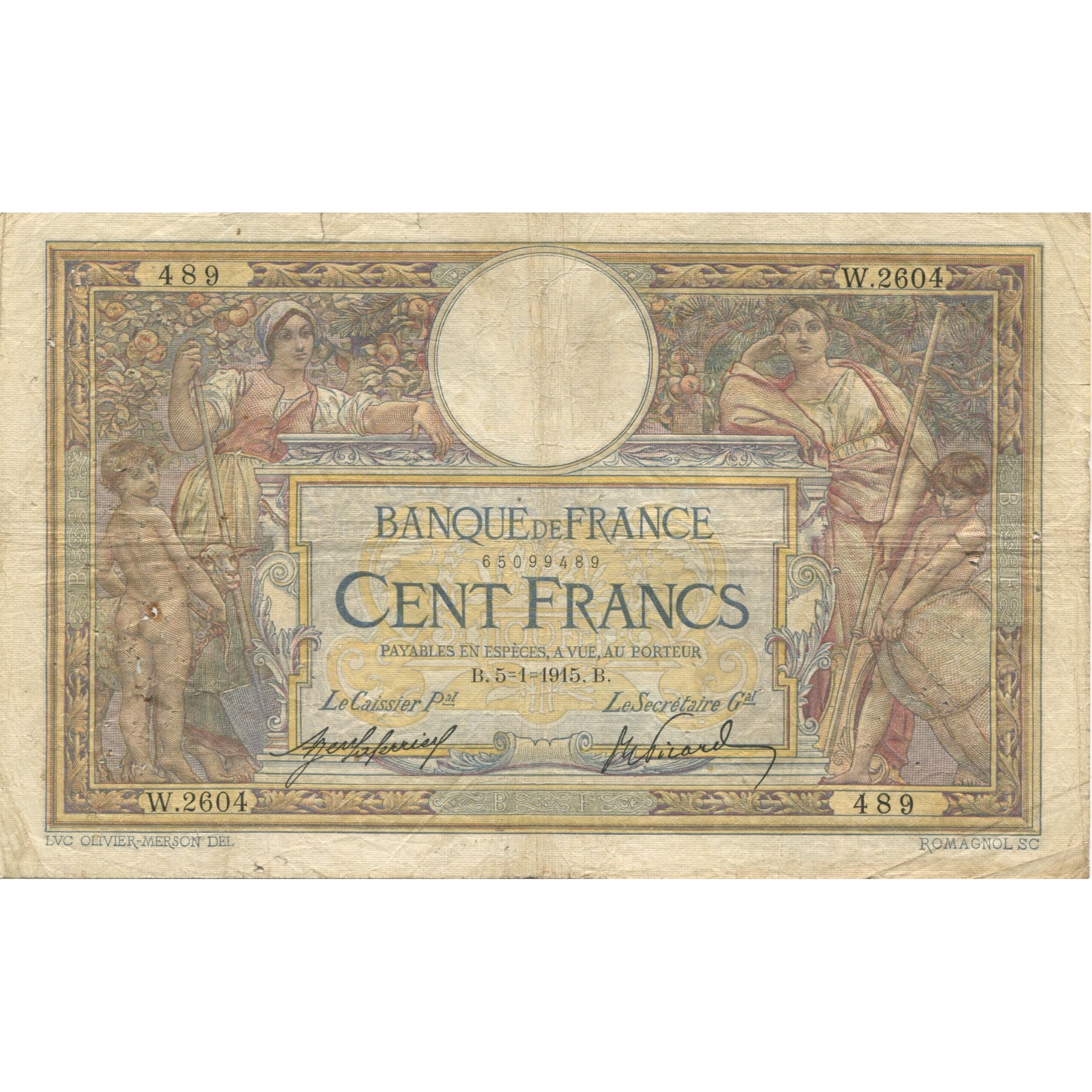 France, 100 Francs, Luc Olivier Merson, 1915, W;2604, TB, Fayette:23.07, KM:71a