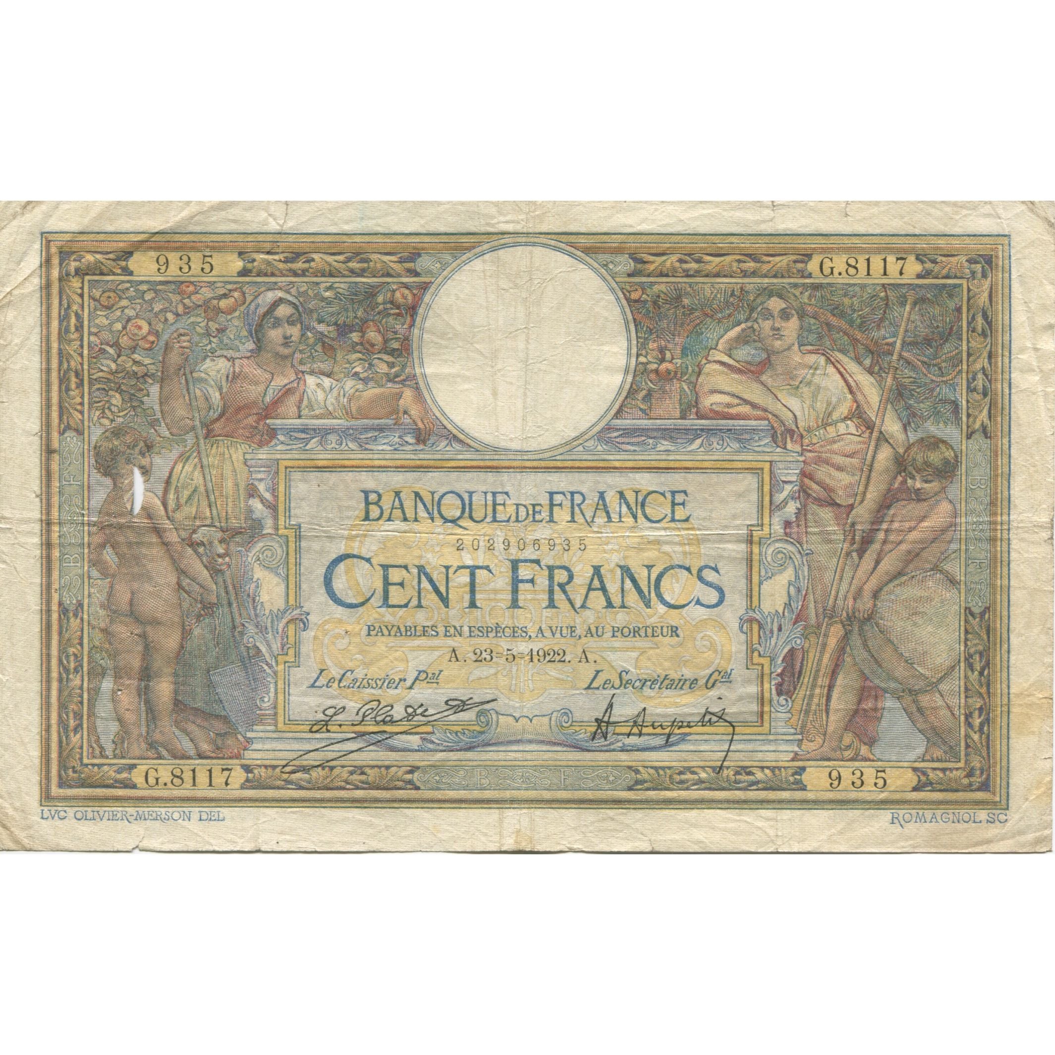 Francia, 100 Francs, Luc Olivier Merson, 1922, G.8117, B, Fayette:23.15, KM:71c
