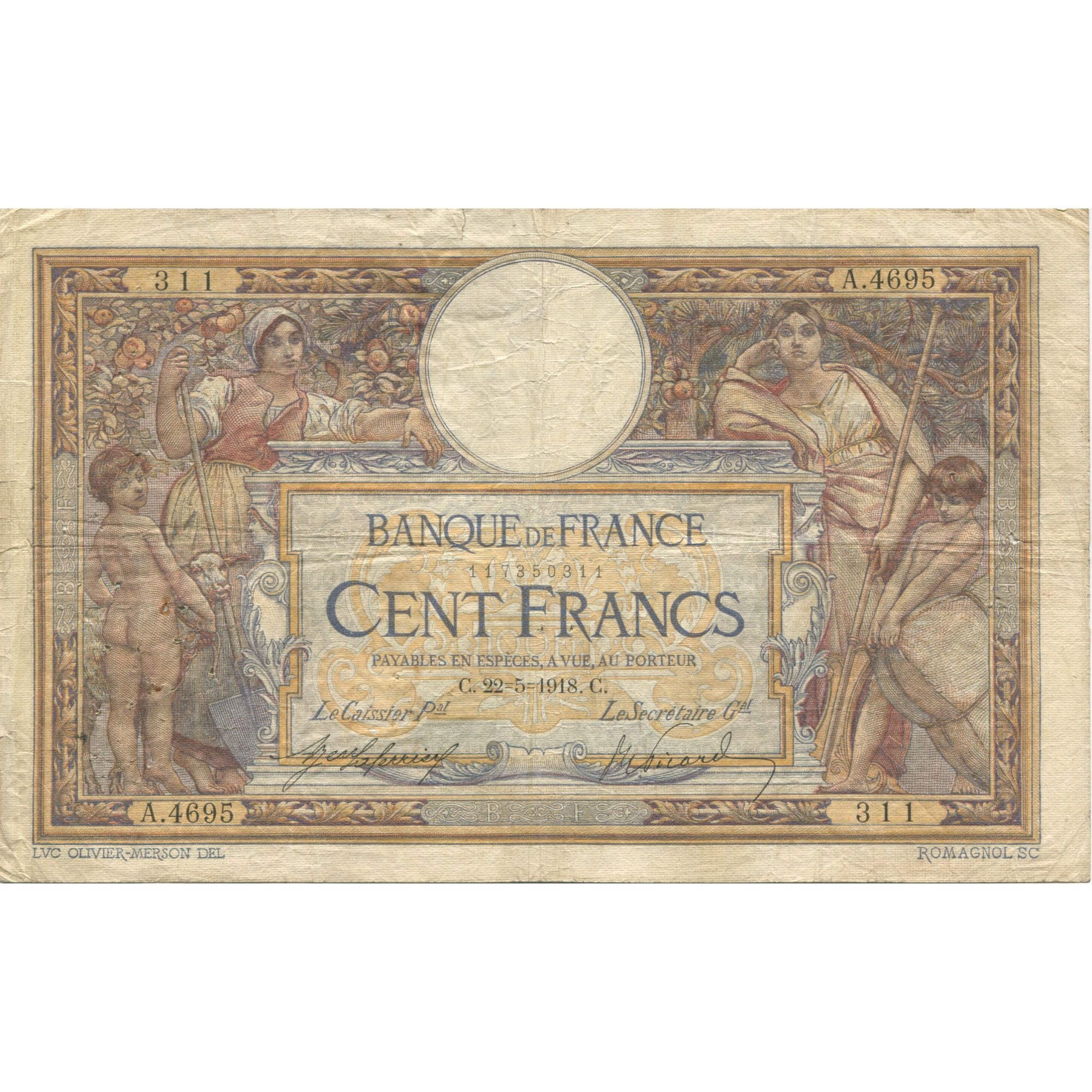 France, 100 Francs, Luc Olivier Merson, 1918, A.4695, VF(20-25), Fayette:23.10