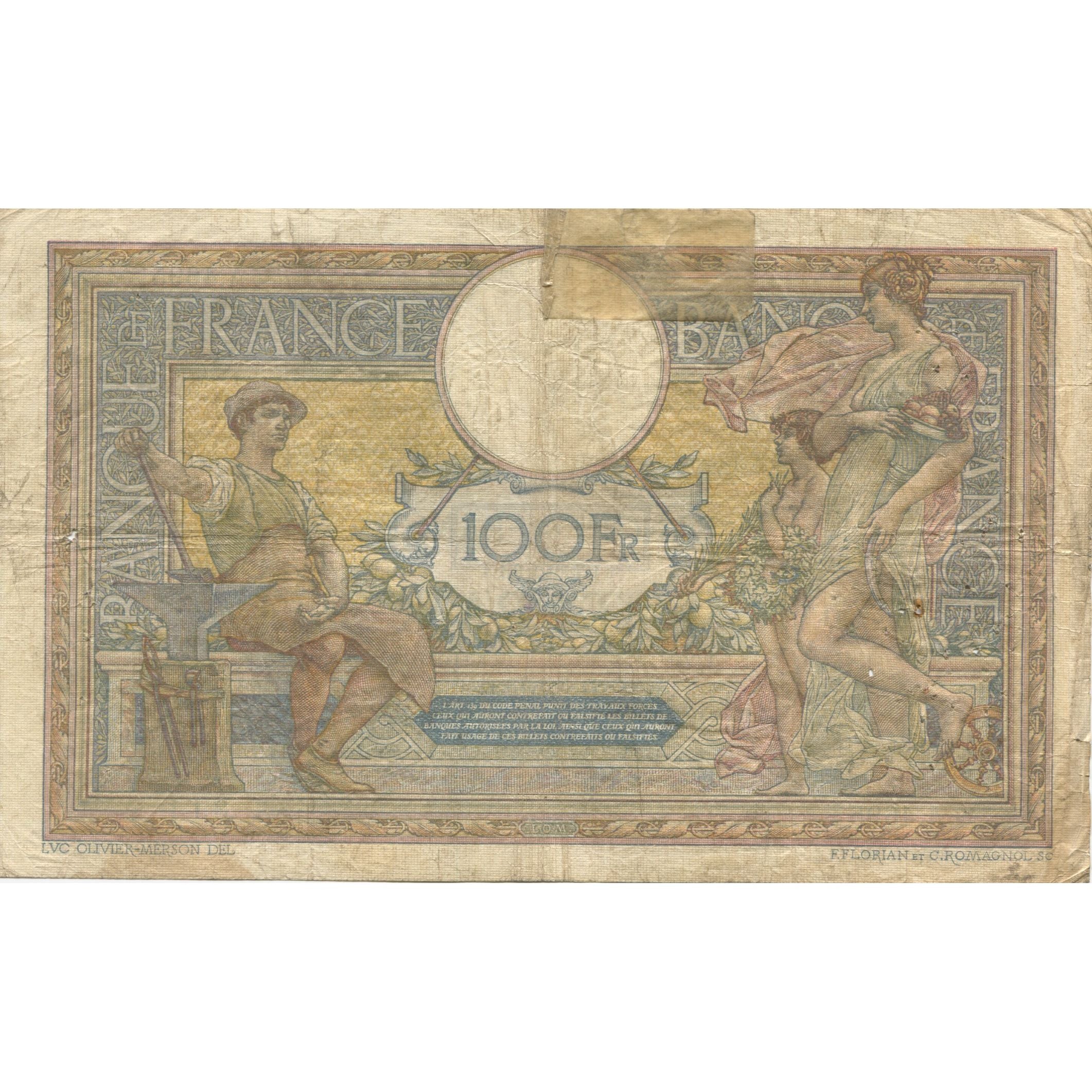 France, 100 Francs, Luc Olivier Merson, 1918, A.4695, VF(20-25), Fayette:23.10