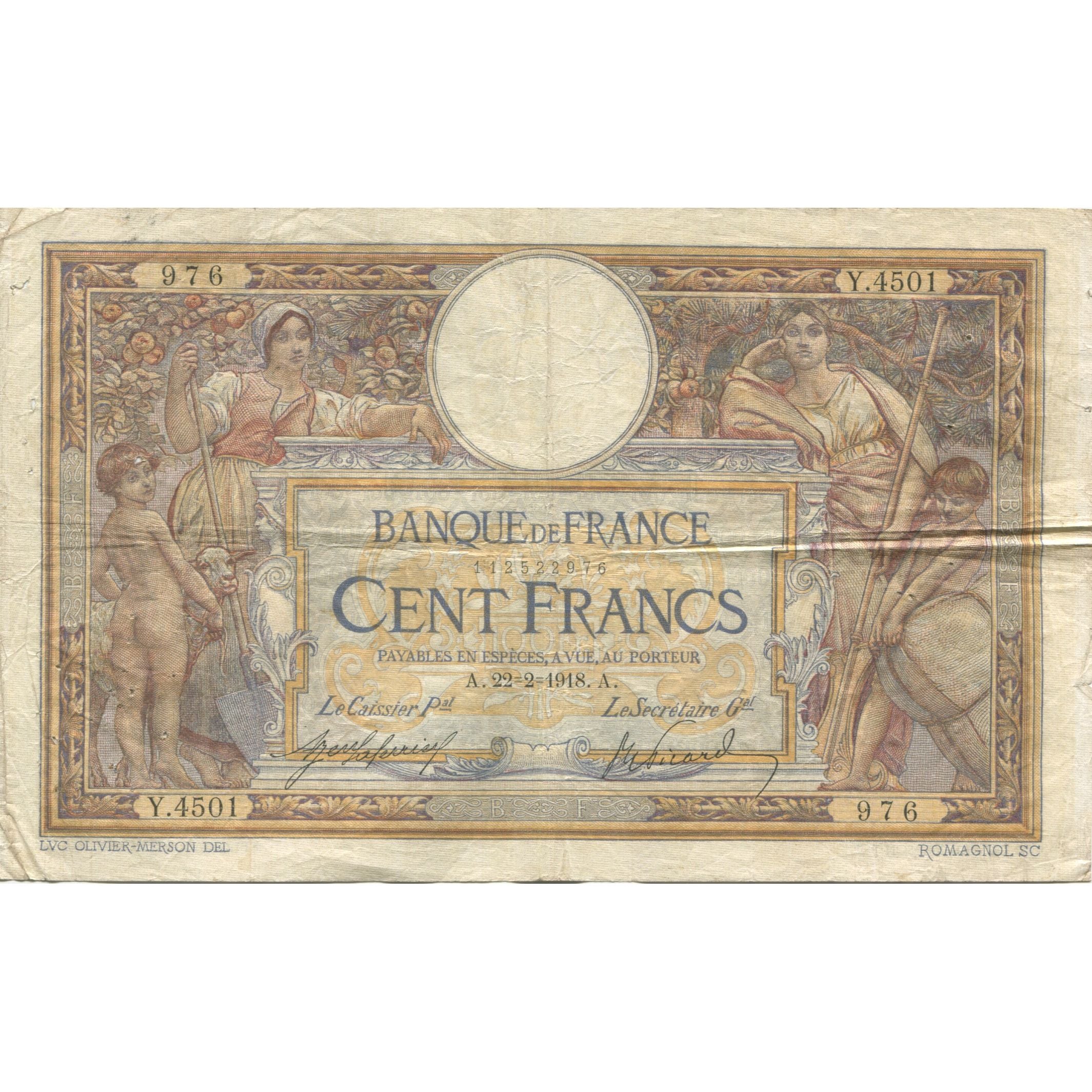 Francia, 100 Francs, Luc Olivier Merson, 1918, Y.4501, BC, Fayette:23.10, KM:71a