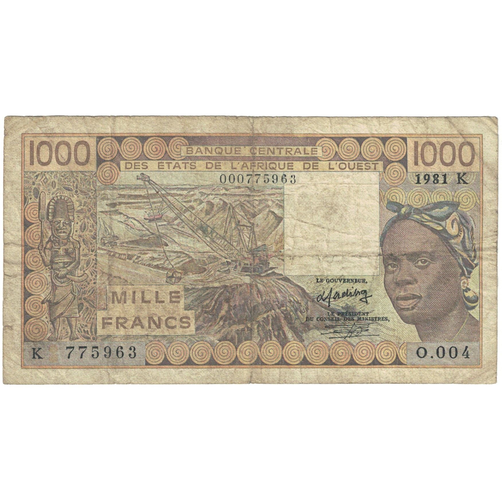 Banknote, West African States, 1000 Francs, 1981, KM:107Ab, VG(8-10)