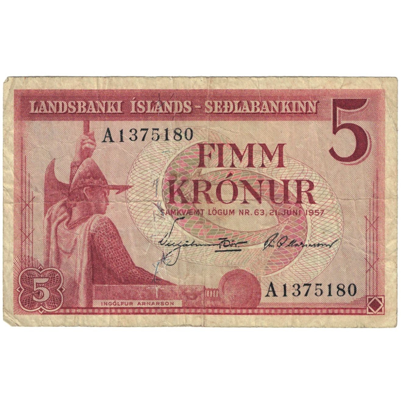 Banconote, Islanda, 5 Kronur, 1957, KM:37a, B+