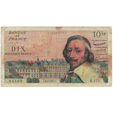 France, 10 Nouveaux Francs, Richelieu, 1961, K.171, VF(20-25), Fayette:57.14