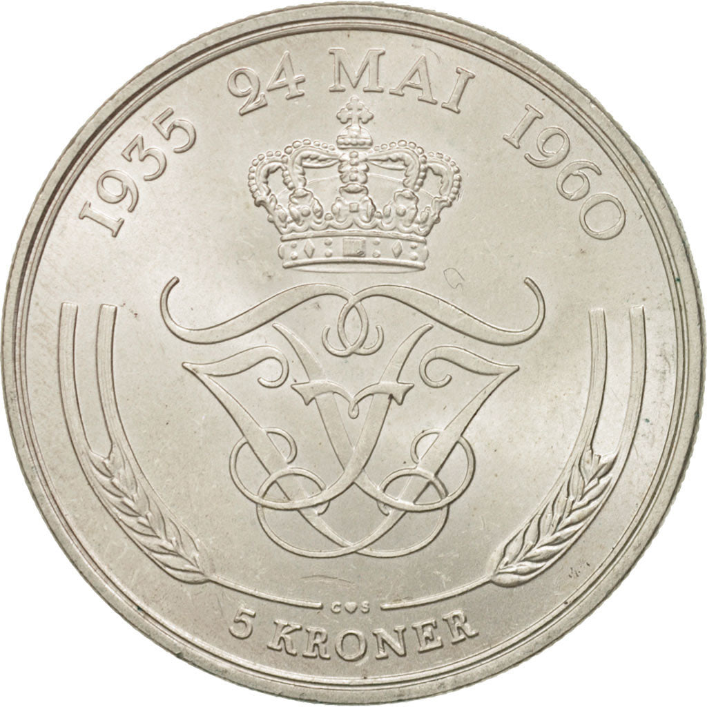 Danimarca, Frederik IX, 5 Kroner, 1960, Copenhagen, SPL-, Argento, KM:852