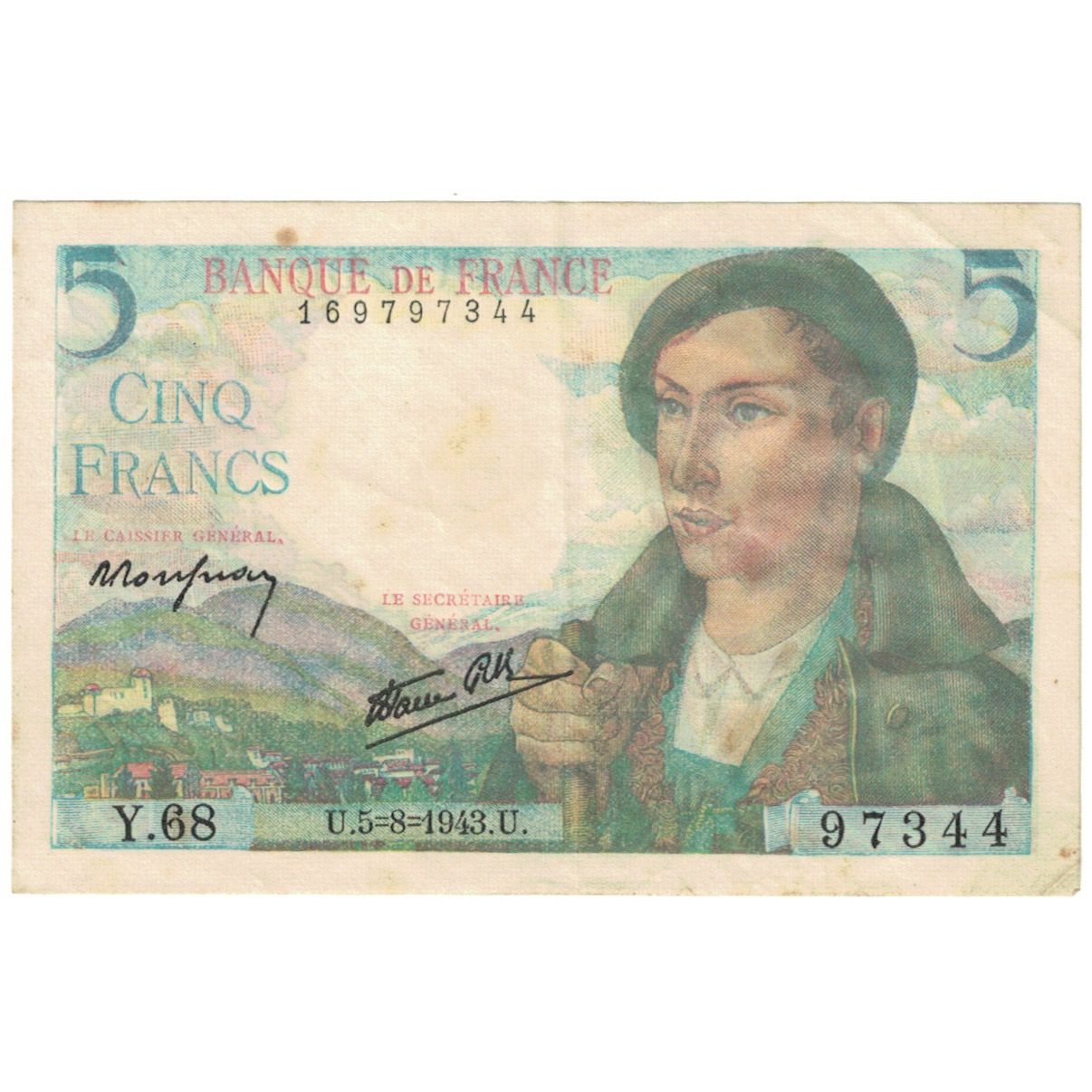 France, 5 Francs, Berger, 1943, Y.68, VF(30-35), Fayette:05.03, KM:98a