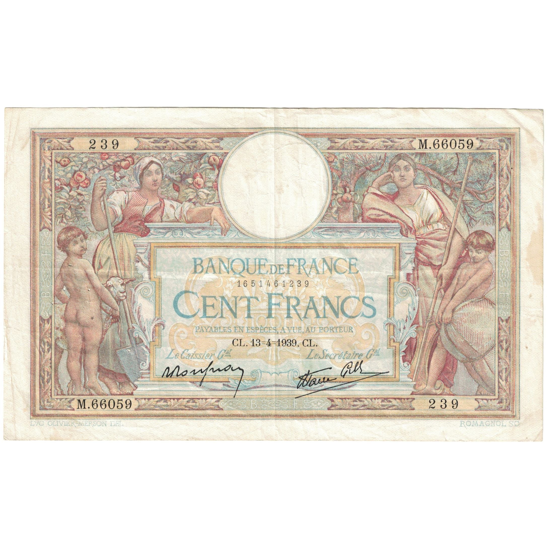 Frankreich, 100 Francs, Luc Olivier Merson, 1939, M.66059, SS, Fayette:25.46