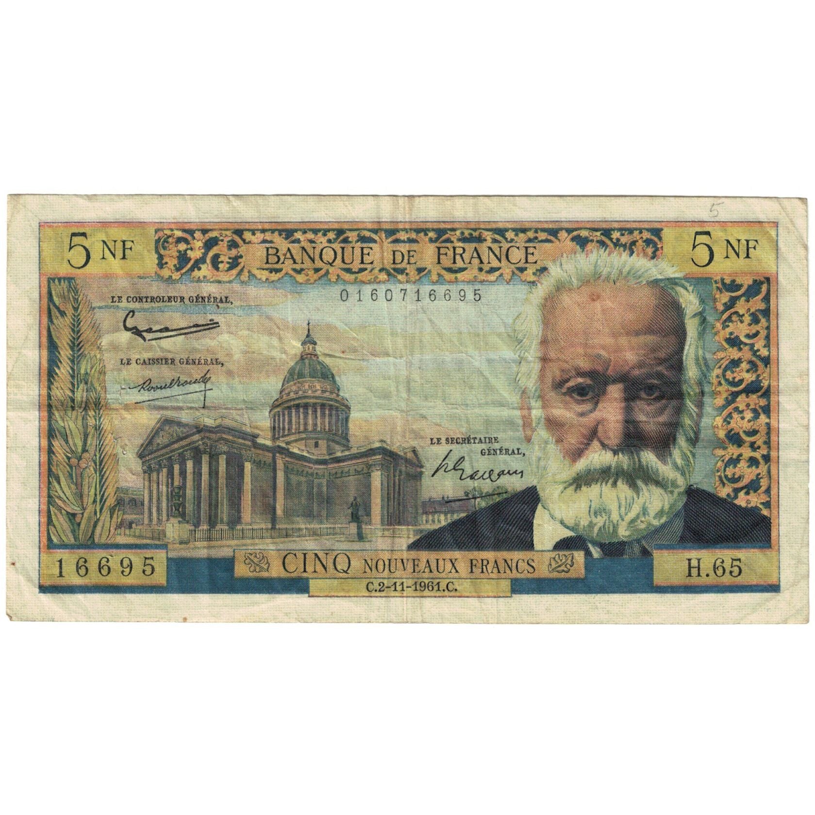 Francia, 5 Nouveaux Francs, Victor Hugo, 1961, H.65, MB, Fayette:56.9, KM:141a