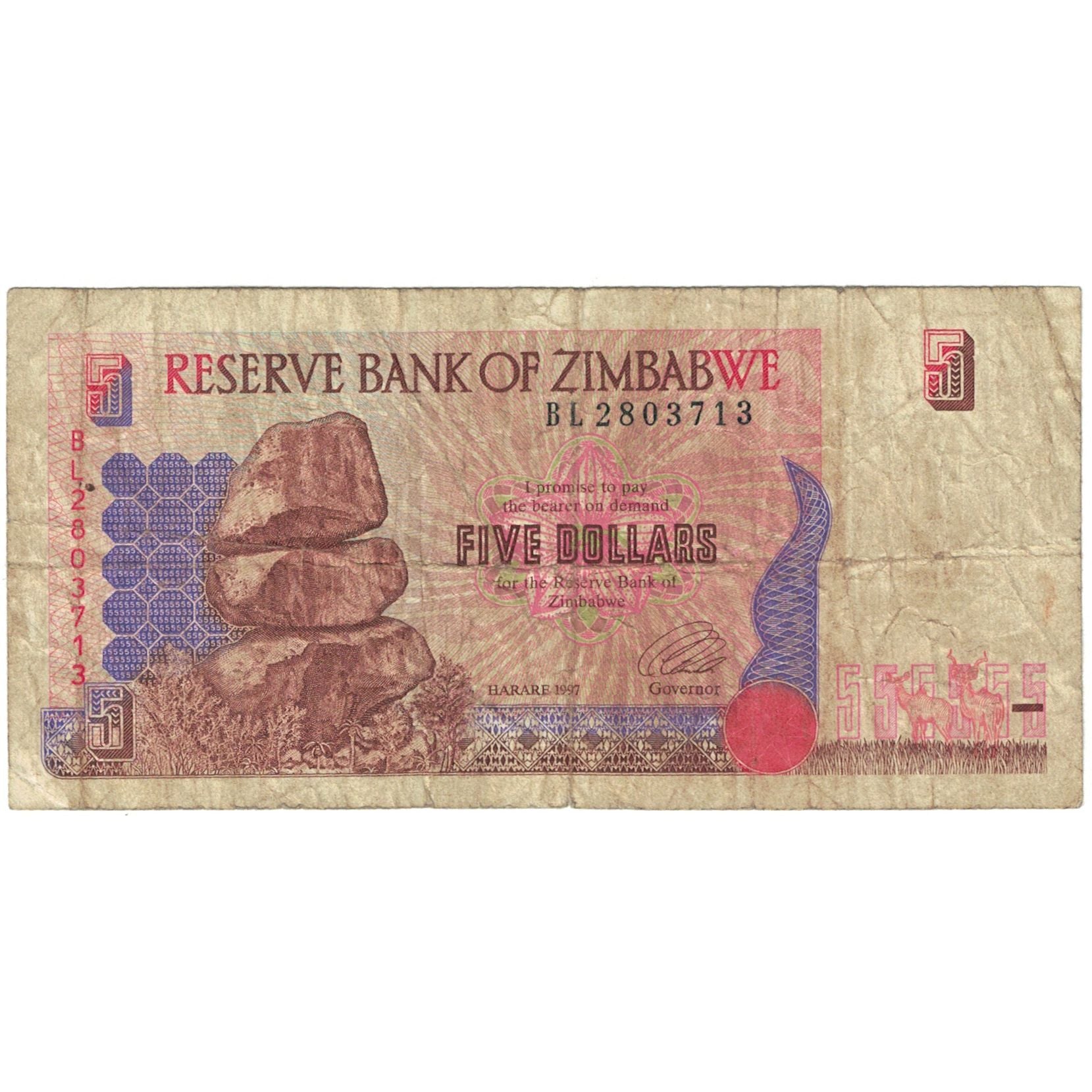 Banknot, Zimbabwe, 5 Dollars, 1997, KM:5b, VG(8-10)
