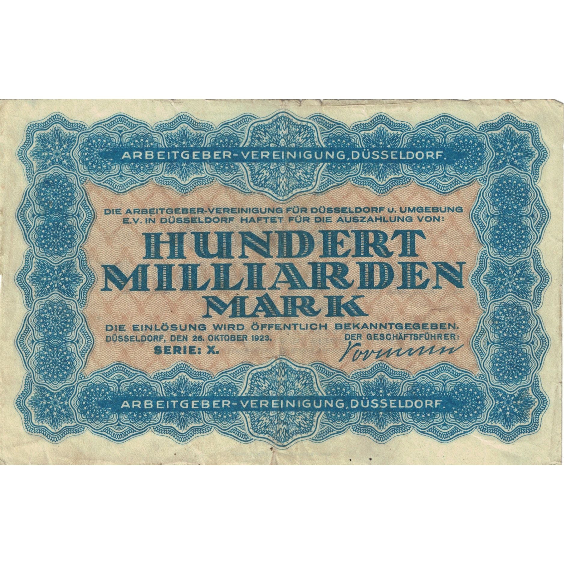 Geldschein, Deutschland, 100 Milliarden Mark, Texte, 1923, 1923-10-26, S