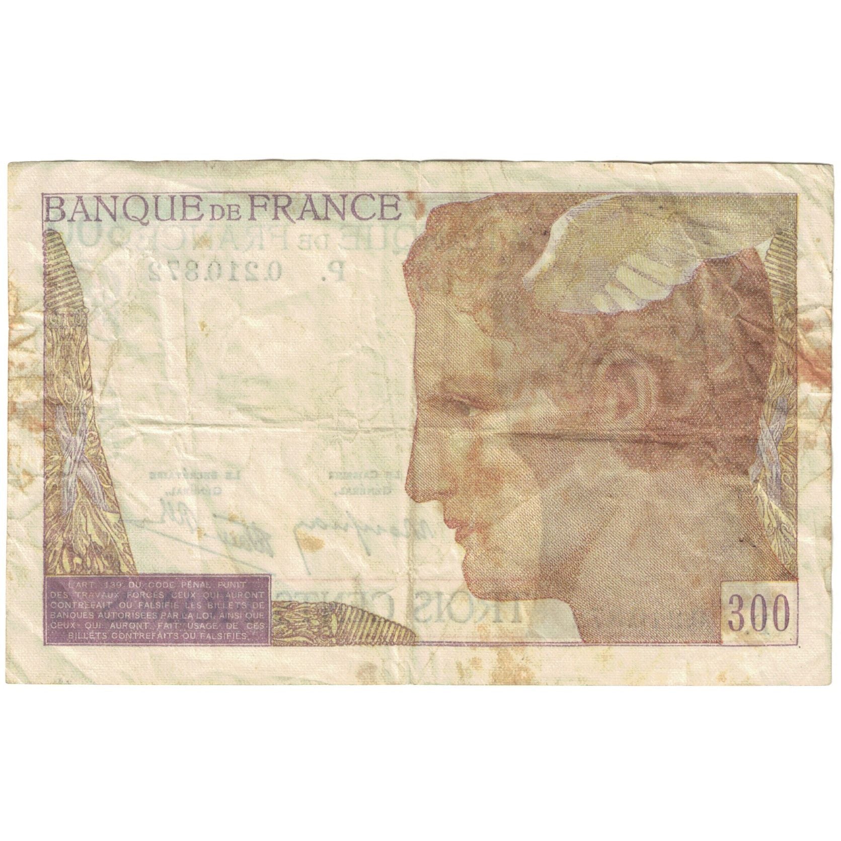 Francia, 300 Francs, Serveau, 1939, P.0210872, MB, Fayette:29.3, KM:87a