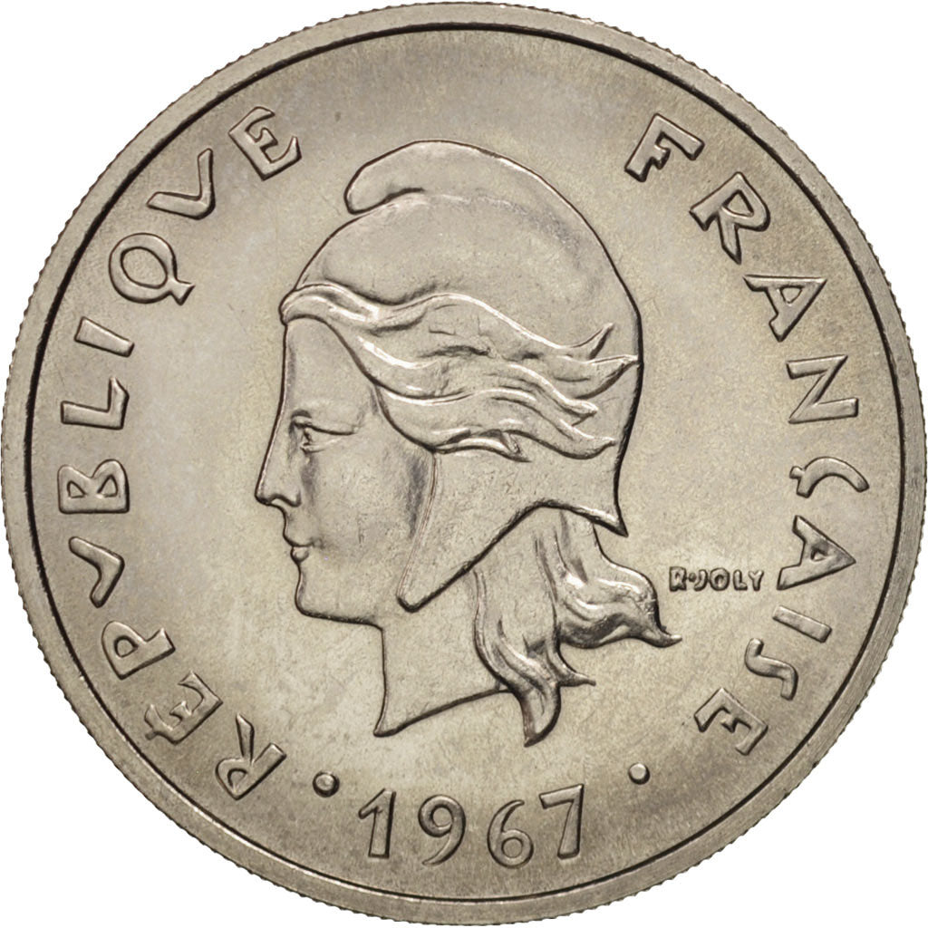 New Caledonia, 20 Francs, 1967, Paris, MS(63), Nickel, KM:6