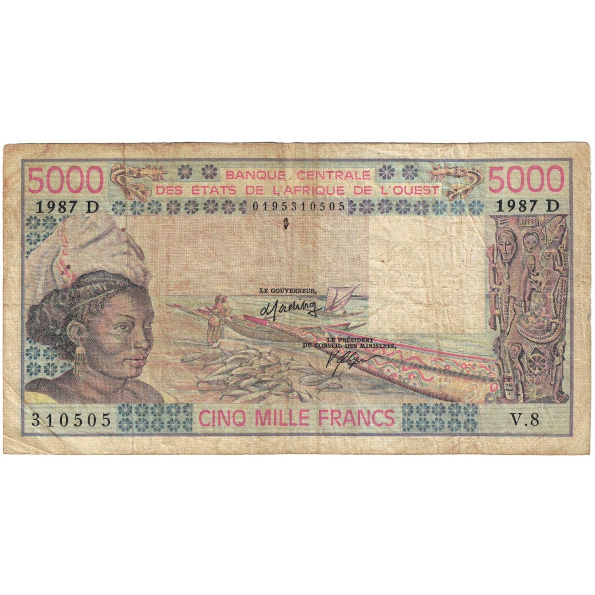 Banknote, West African States, 5000 Francs, 1987, KM:208Bk, VF(20-25)