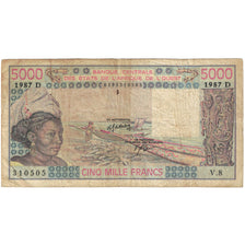 Banknote, West African States, 5000 Francs, 1987, KM:208Bk, VF(20-25)