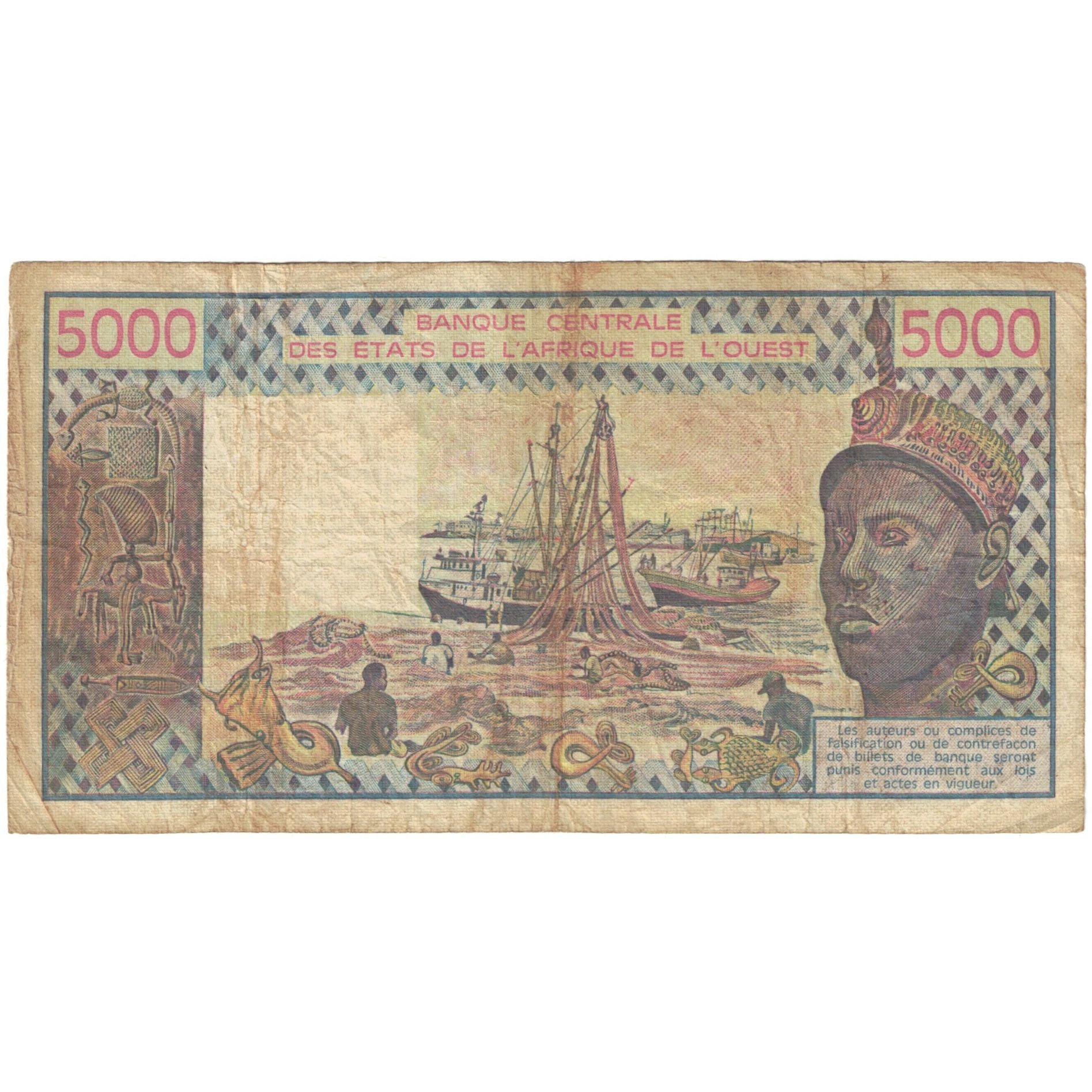 Banknote, West African States, 5000 Francs, 1987, KM:208Bk, VF(20-25)