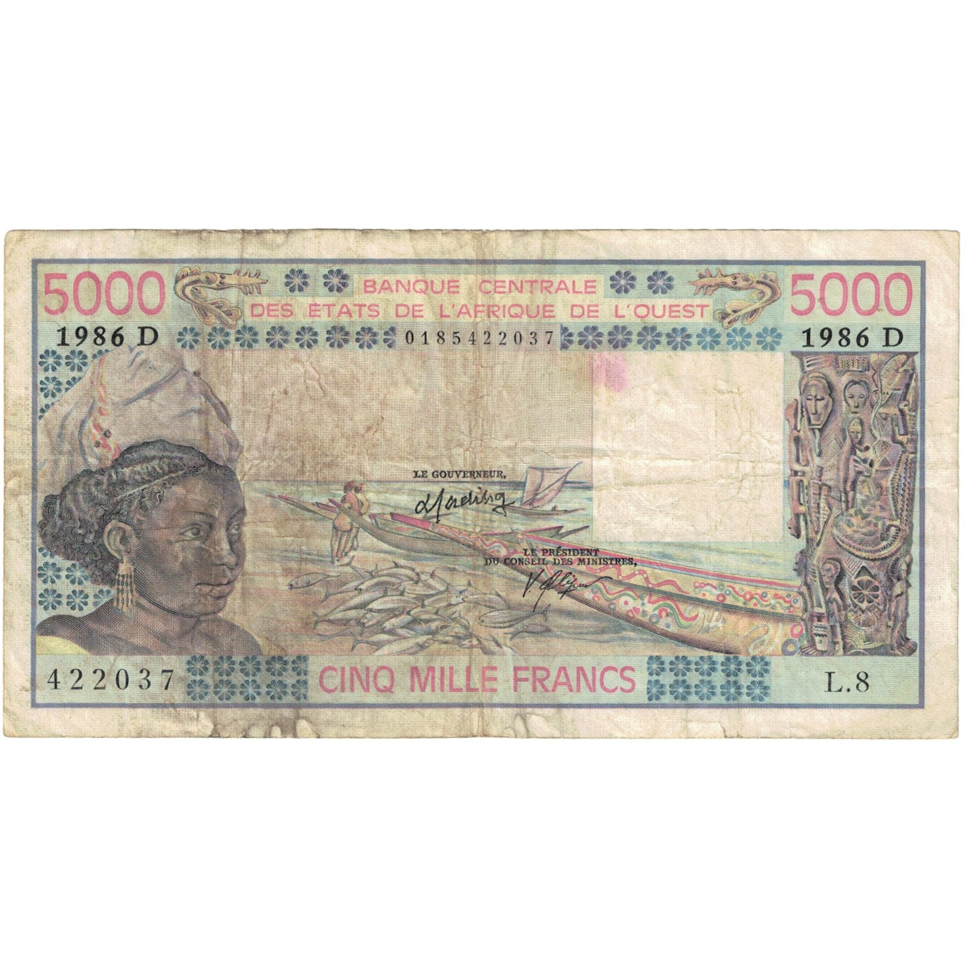 Banknote, West African States, 5000 Francs, 1986, KM:108Ao, VF(20-25)