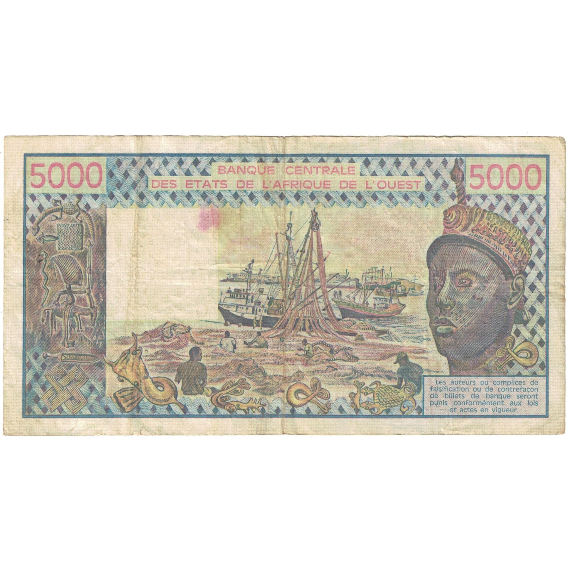 Banknote, West African States, 5000 Francs, 1986, KM:108Ao, VF(20-25)