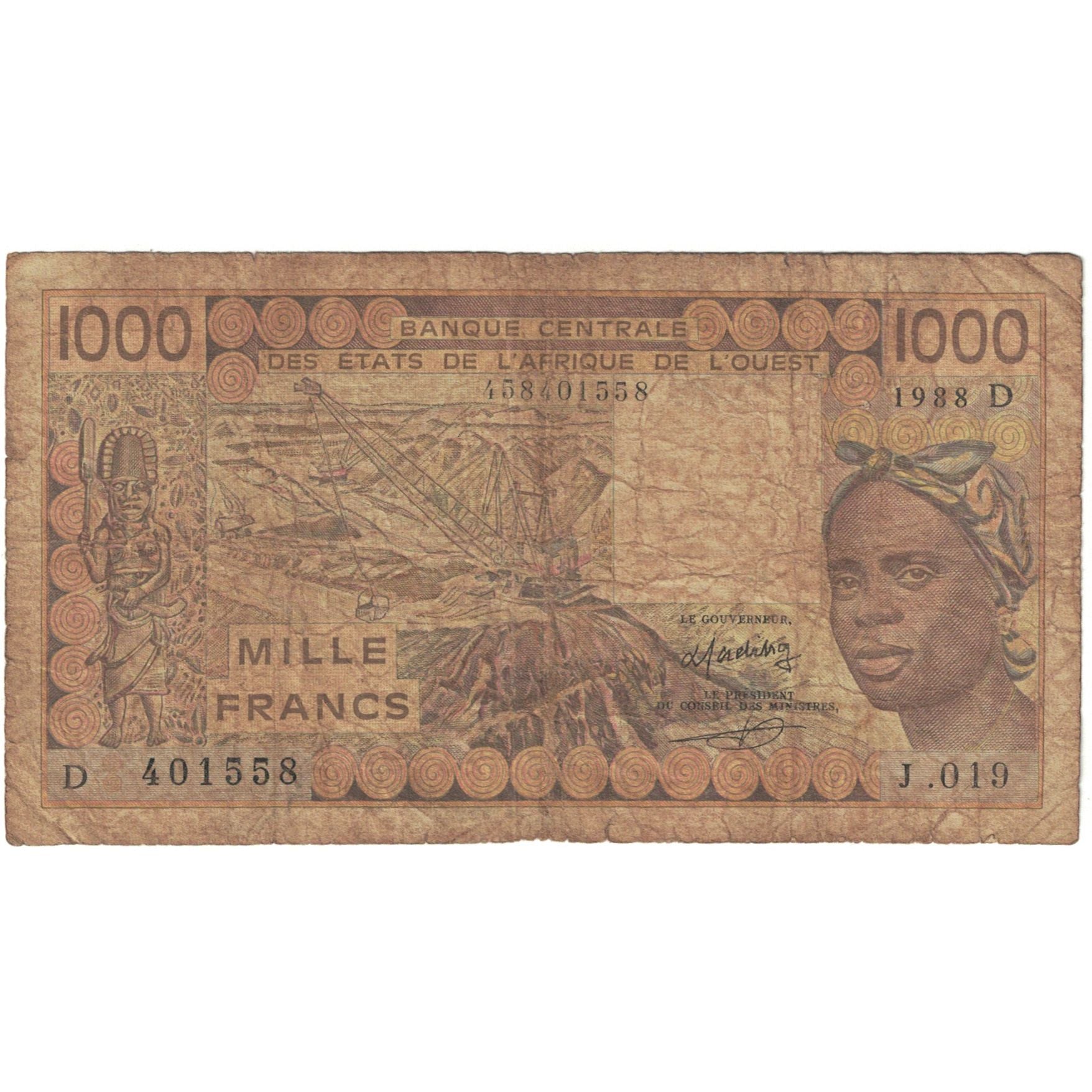 Banknote, West African States, 1000 Francs, 1988, KM:406Da, VG(8-10)