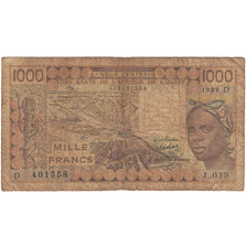Banknote, West African States, 1000 Francs, 1988, KM:406Da, VG(8-10)