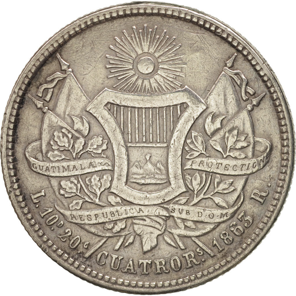 Guatemala, 4 Reales, Cuatro, 1863, BC+, Plata, KM:140