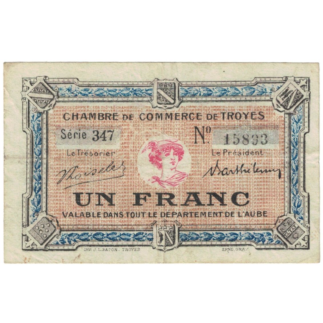 France, Troyes, 1 Franc, TB+, Pirot:124-10