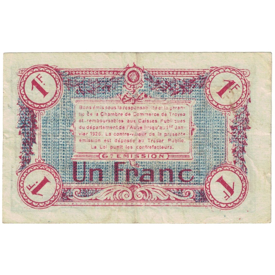 France, Troyes, 1 Franc, TB+, Pirot:124-10